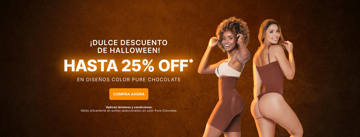 Oferta de Halloween de Curveez: dos mujeres luciendo prendas moldeadoras Pure Chocolate, incluyendo un body reductor y una faja de talle alto. Ahorra hasta un 25% en modelos seleccionados.