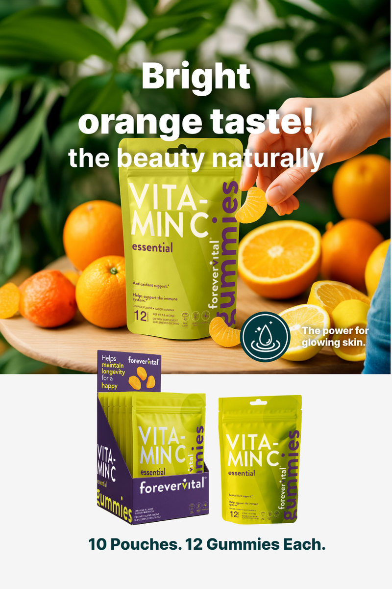 Forevervital Vitamin C Gummies with bright orange flavor, shown with fresh oranges and packaging that promotes glowing skin and beauty benefits.