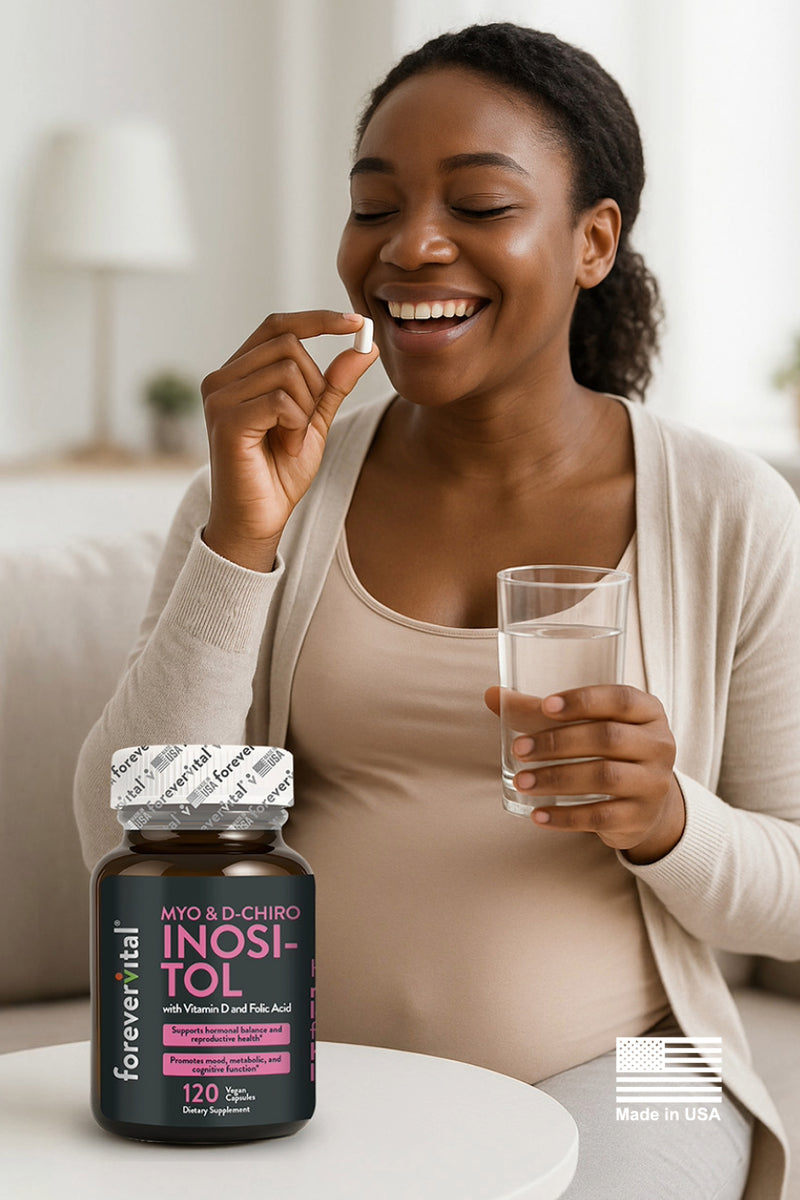 Woman taking Forevervital Myo & D-Chiro Inositol supplement with water, promoting hormonal balance and mood support, made in the USA.