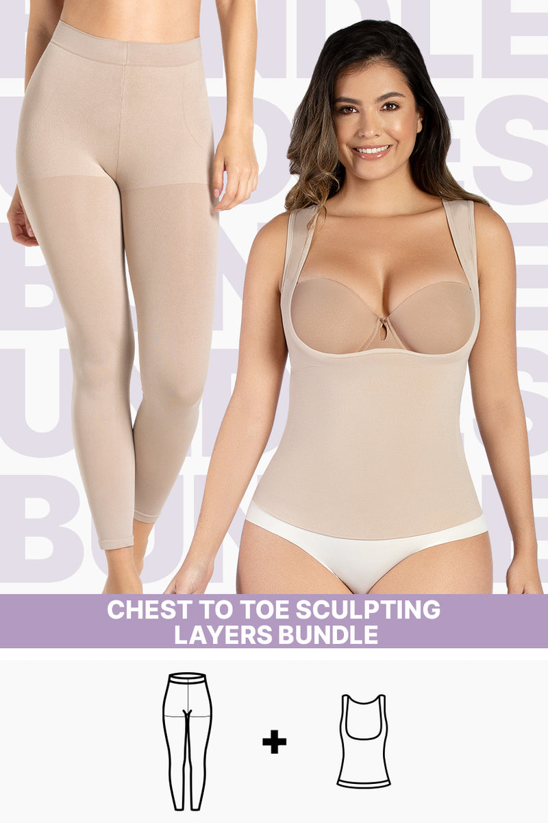 Chest to toe Sculpting Layers bundle includes seamless shaping leggings and an open bust tank top for full-body contouring and tummy control.