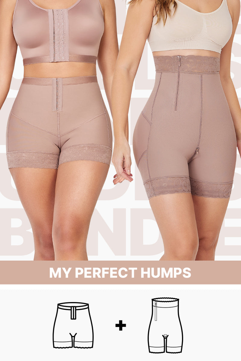 My Perfect Humps shapewear bundle featuring two high-waisted shaping shorts in cocoa color, designed for tummy control, waist contouring, and booty lift.