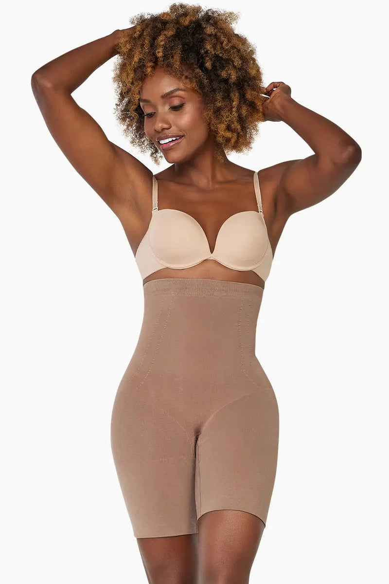 Long and Short shapewear bundle featuring a nude capri thigh slimmer and cocoa mid-thigh shaper, designed for moderate control and comfort.