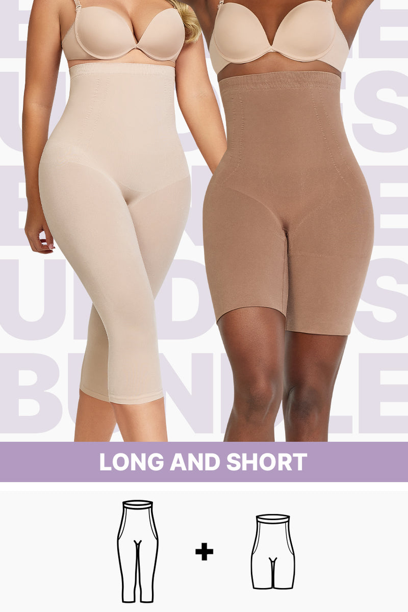 Long and Short shapewear bundle featuring a nude capri thigh slimmer and cocoa mid-thigh shaper, designed for moderate control and comfort.