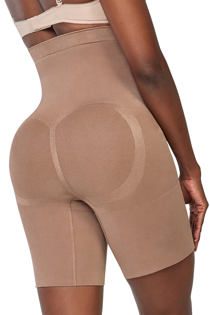 Back view of cocoa high-waisted shapewear short from the Smooth & Sleek Bundle highlighting booty-lifting design and seamless shaping zones.