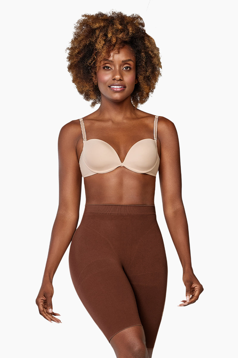 Mid-rise brown shapewear short from the Smooth & Sleek Bundle designed for everyday wear with moderate compression and hip-slimming support.