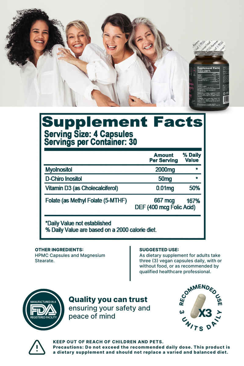 Supplement facts and dosage guide for Forevervital Myo & D-Chiro Inositol with Vitamin D and Folic Acid, supporting reproductive wellness.