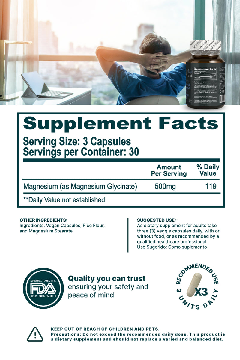 Detailed supplement facts and usage guide for Forevervital Magnesium Glycinate 500mg with FDA compliance and safety assurance.