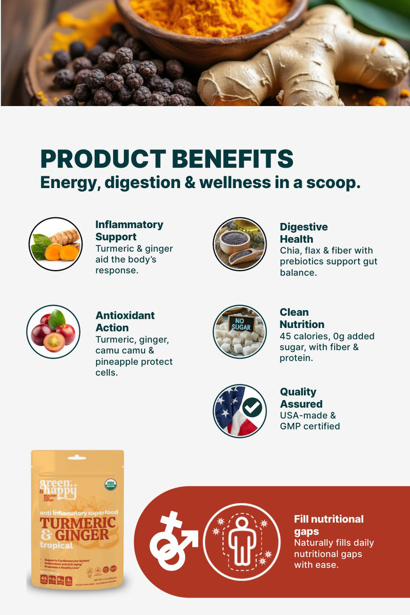 Cúrcuma y jengibre tropical verde y feliz 