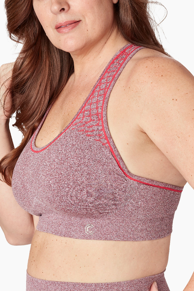 Curveez Sports Bra BRAEEZ Cool Active in heathered red with racerback design, offering compression and support for activewear performance.
